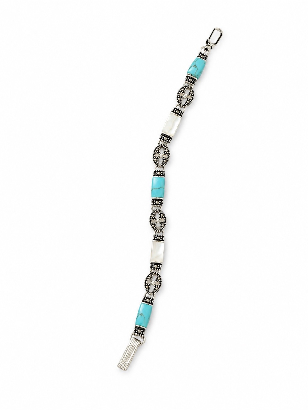 Silver-Tone Turquoise Link Bracelet White Crystal Accents NWT